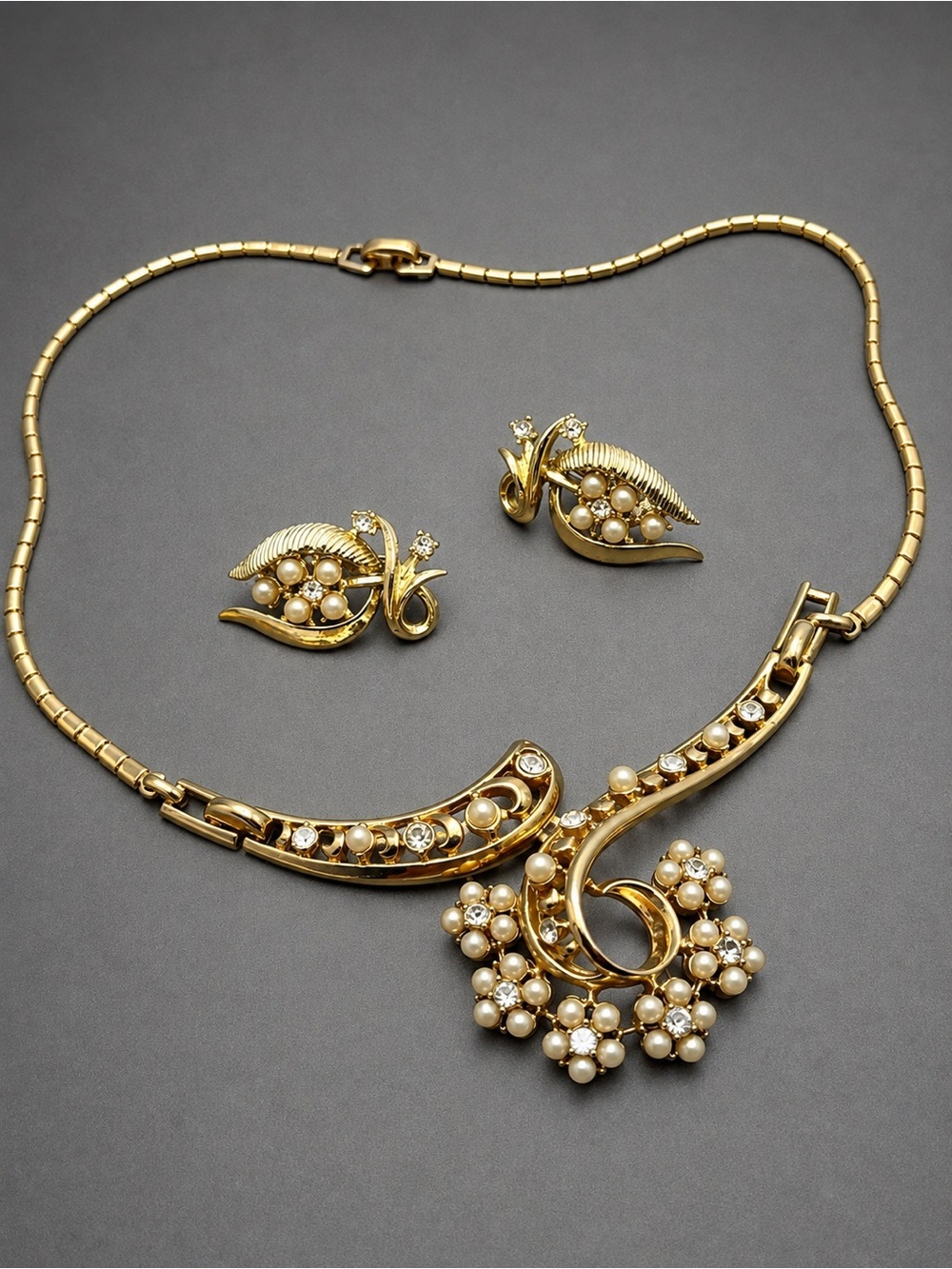 Vintage Coro Pearl and Rhinestone Necklace with Clip-On Earrings